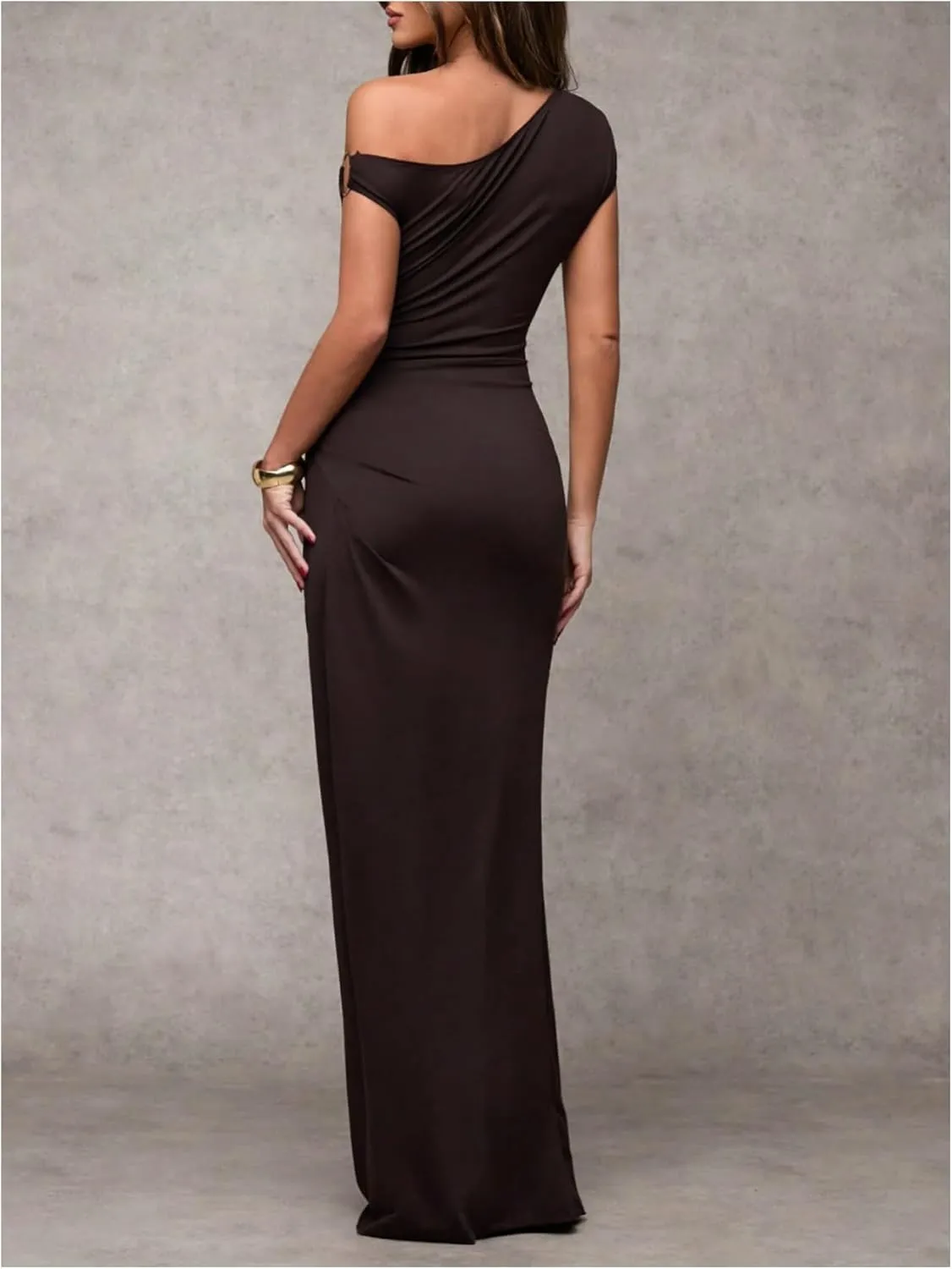Verdusa Women's Off The Shoulder Dresses Asymmetrical Ruched Sleeveless Maxi Dress
