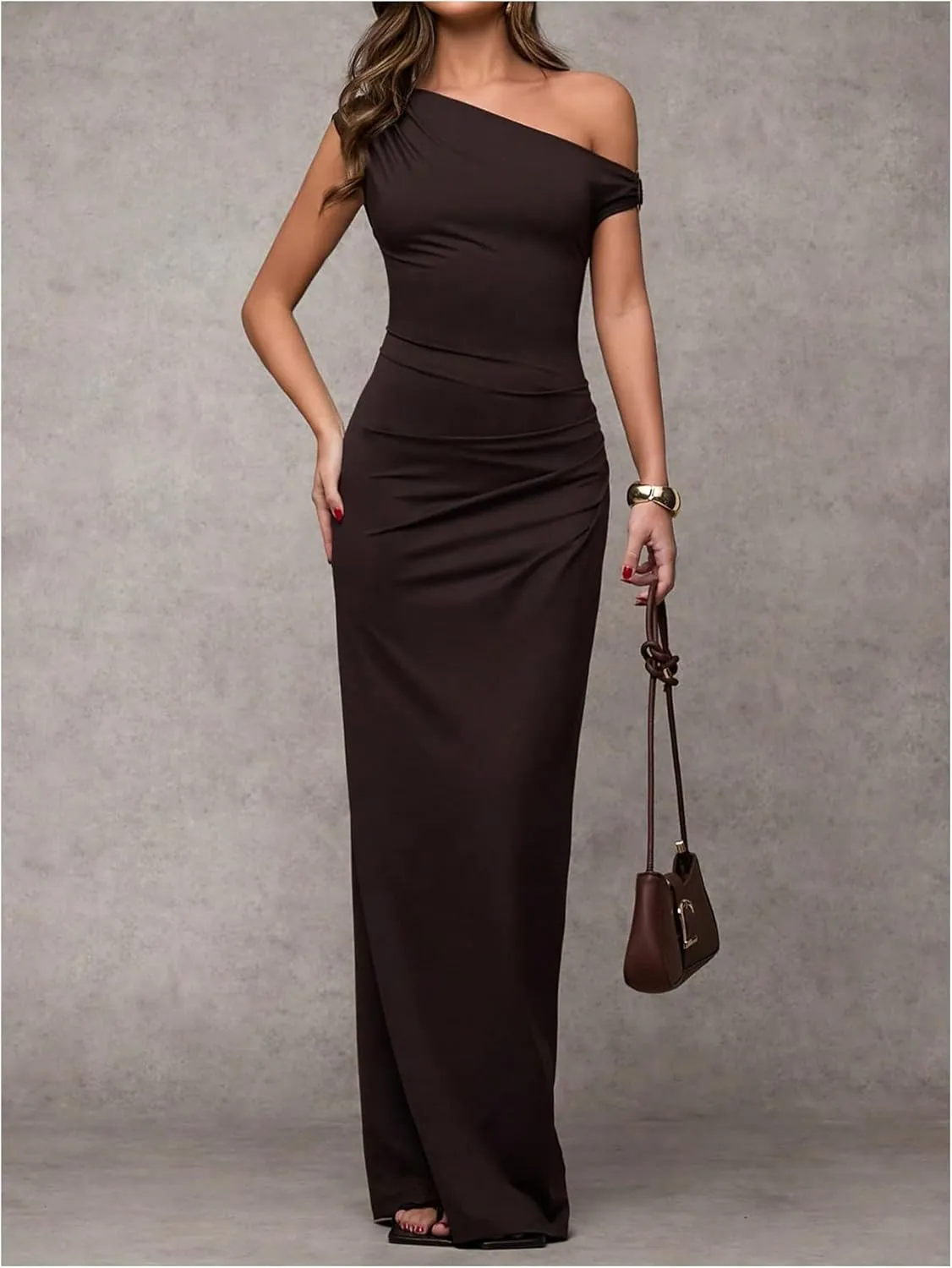 Verdusa Women's Off The Shoulder Dresses Asymmetrical Ruched Sleeveless Maxi Dress