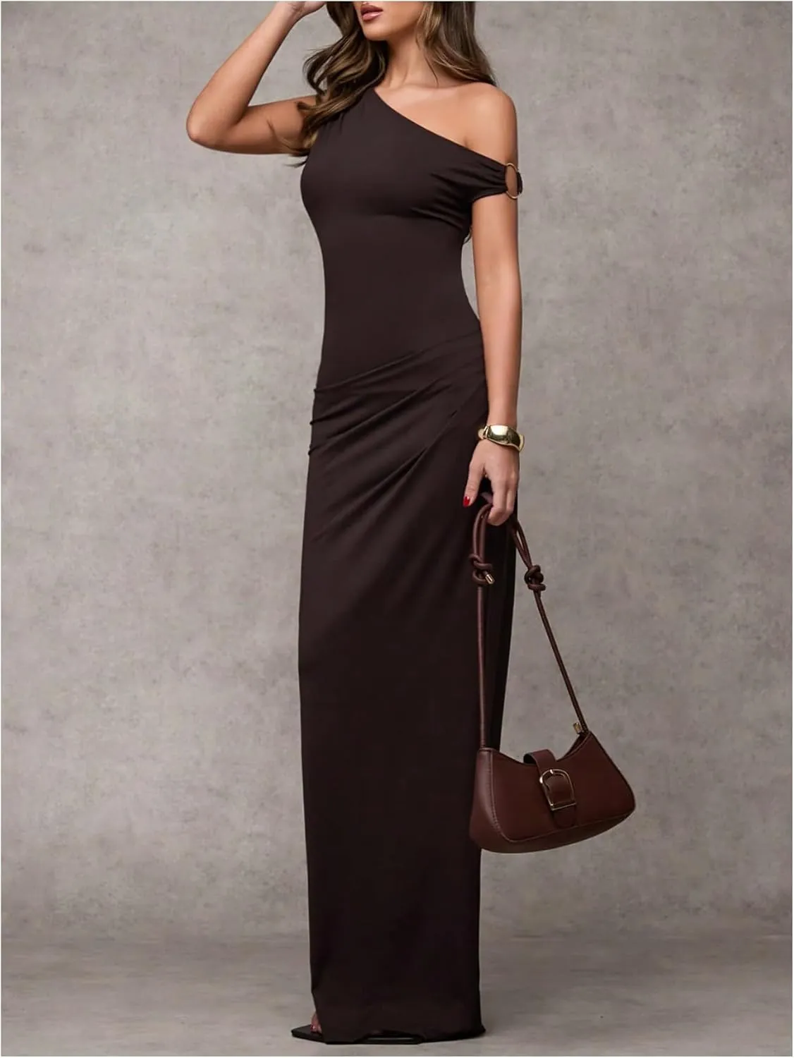 Verdusa Women's Off The Shoulder Dresses Asymmetrical Ruched Sleeveless Maxi Dress