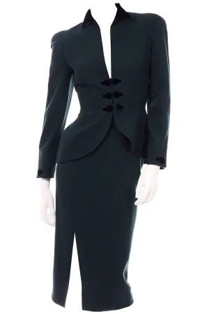 Vintage Thierry Mugler Forest Green Wool and Velvet Skirt w Blazer Jacket Suit