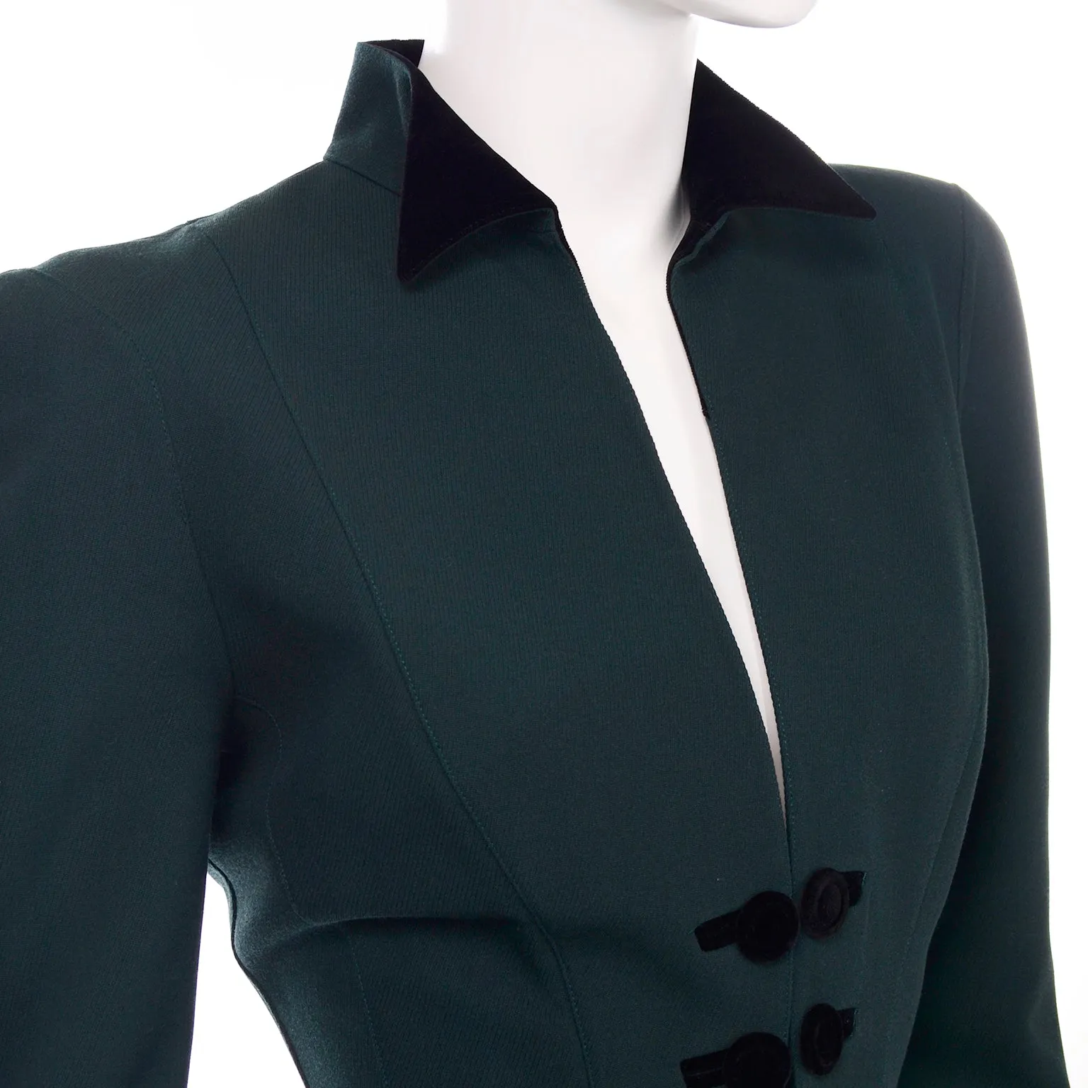 Vintage Thierry Mugler Forest Green Wool and Velvet Skirt w Blazer Jacket Suit