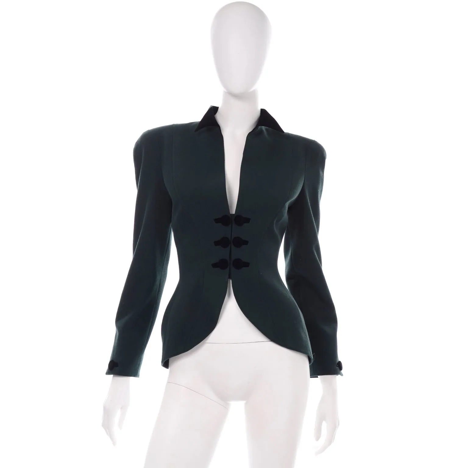 Vintage Thierry Mugler Forest Green Wool and Velvet Skirt w Blazer Jacket Suit