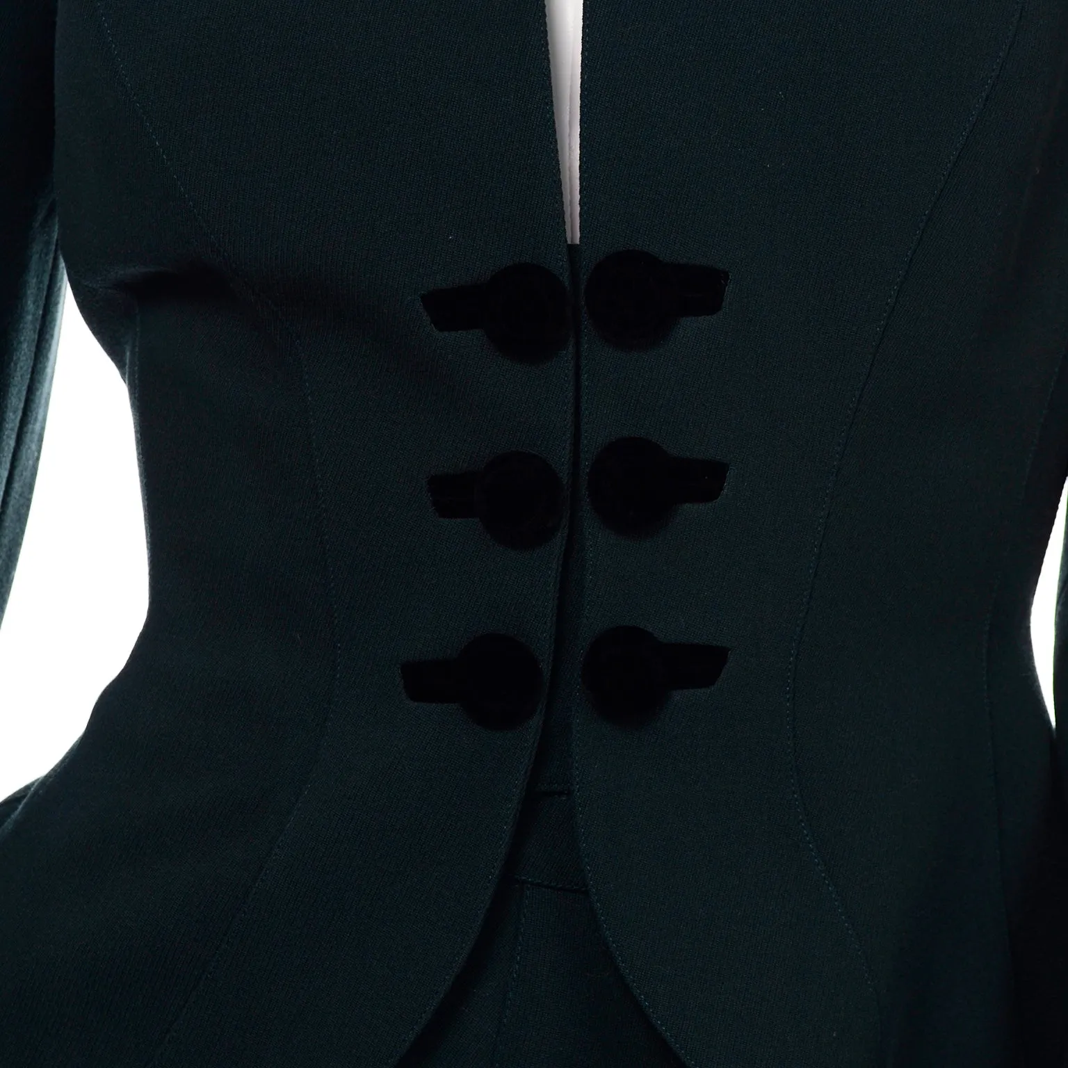 Vintage Thierry Mugler Forest Green Wool and Velvet Skirt w Blazer Jacket Suit