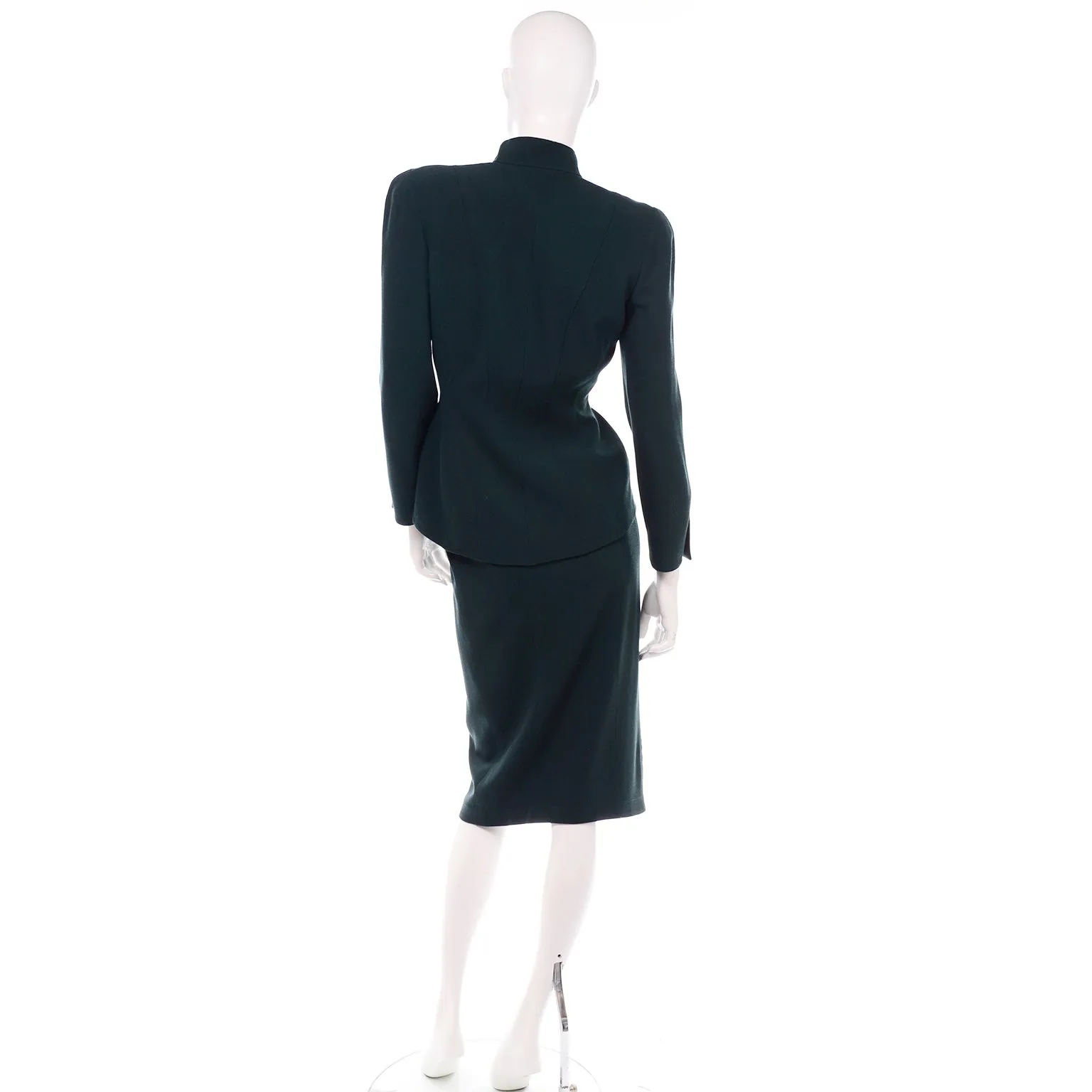 Vintage Thierry Mugler Forest Green Wool and Velvet Skirt w Blazer Jacket Suit