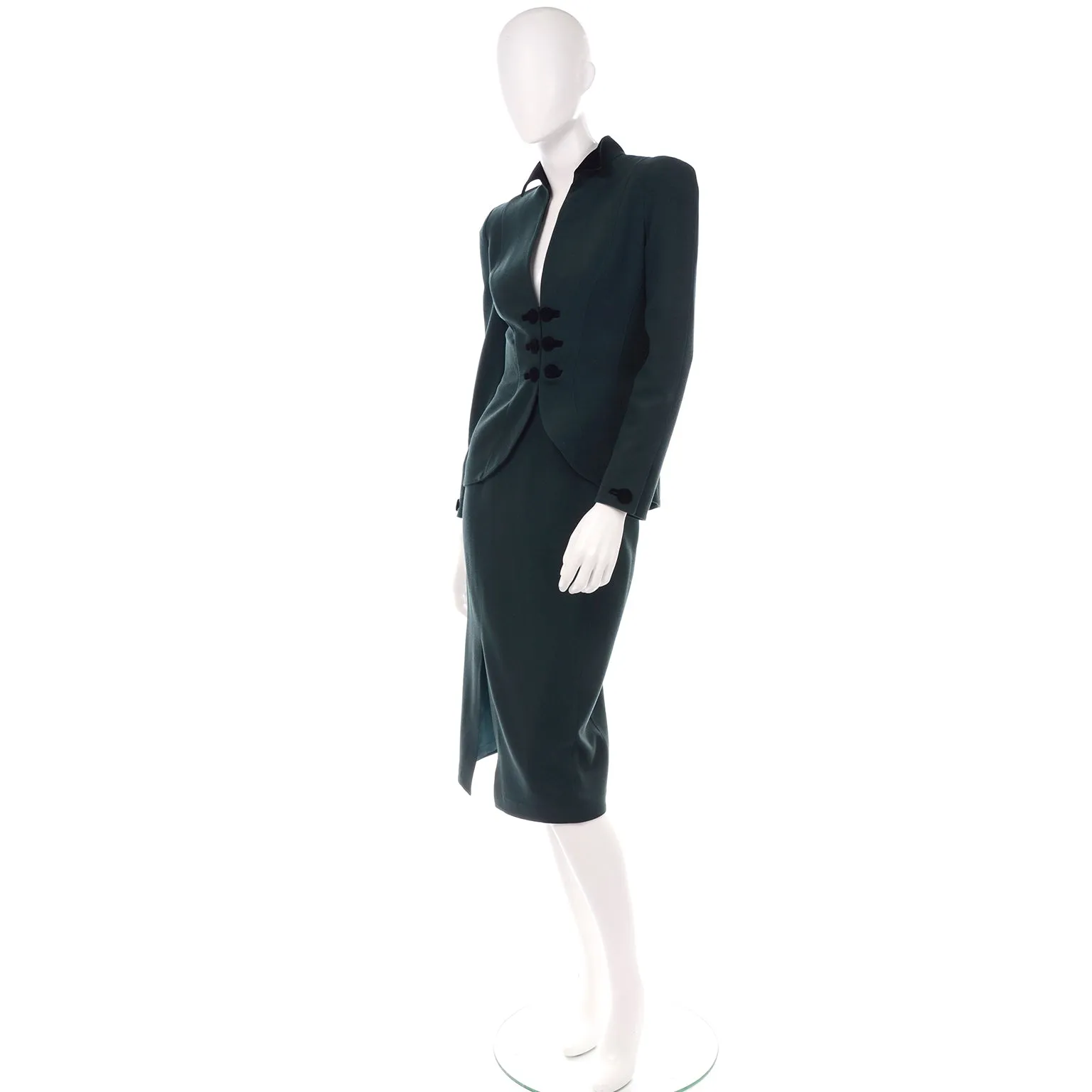 Vintage Thierry Mugler Forest Green Wool and Velvet Skirt w Blazer Jacket Suit