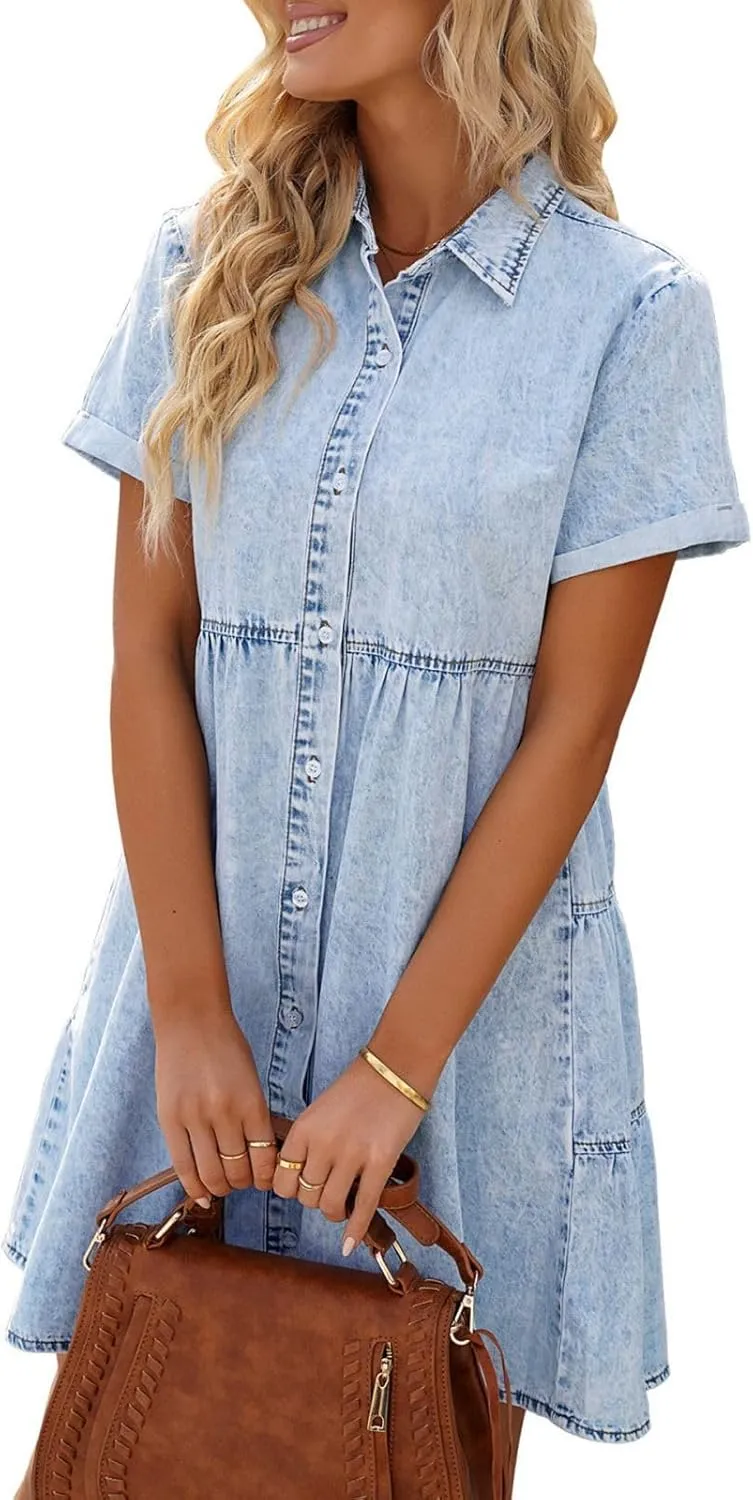 Wankang Denim Dress for Women Babydoll Tiered Short Sleeve Button Down Jean Shirt Dresses Casual Flowy Swing Short Dress