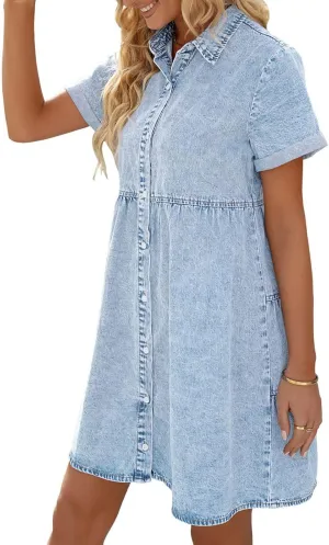 Wankang Denim Dress for Women Babydoll Tiered Short Sleeve Button Down Jean Shirt Dresses Casual Flowy Swing Short Dress