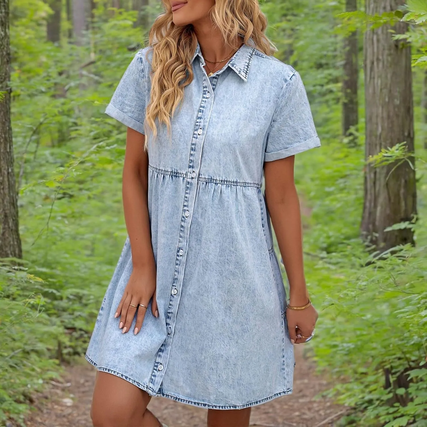 Wankang Denim Dress for Women Babydoll Tiered Short Sleeve Button Down Jean Shirt Dresses Casual Flowy Swing Short Dress