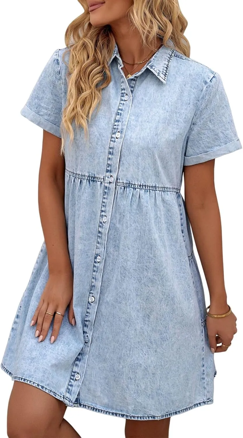 Wankang Denim Dress for Women Babydoll Tiered Short Sleeve Button Down Jean Shirt Dresses Casual Flowy Swing Short Dress