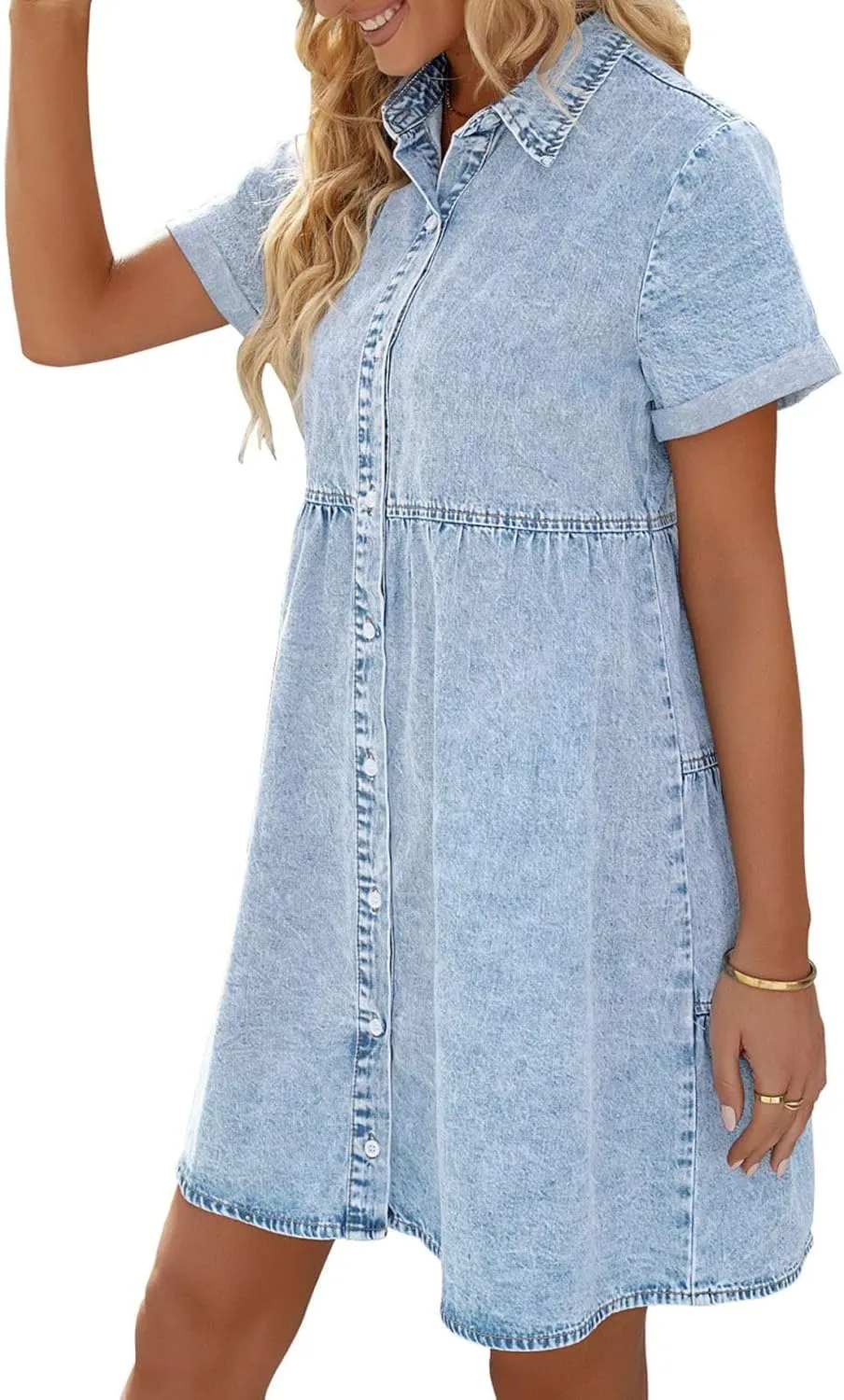 Wankang Denim Dress for Women Babydoll Tiered Short Sleeve Button Down Jean Shirt Dresses Casual Flowy Swing Short Dress