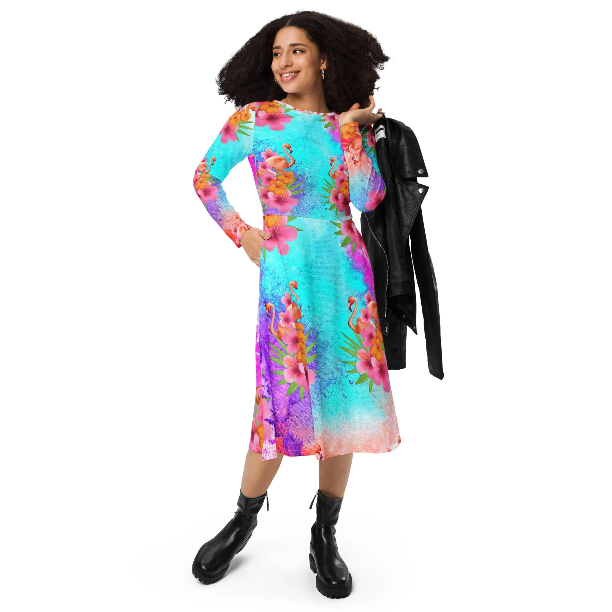 Watercolor Tropical Flamingos Long Sleeve Midi Dress