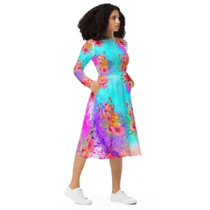 Watercolor Tropical Flamingos Long Sleeve Midi Dress