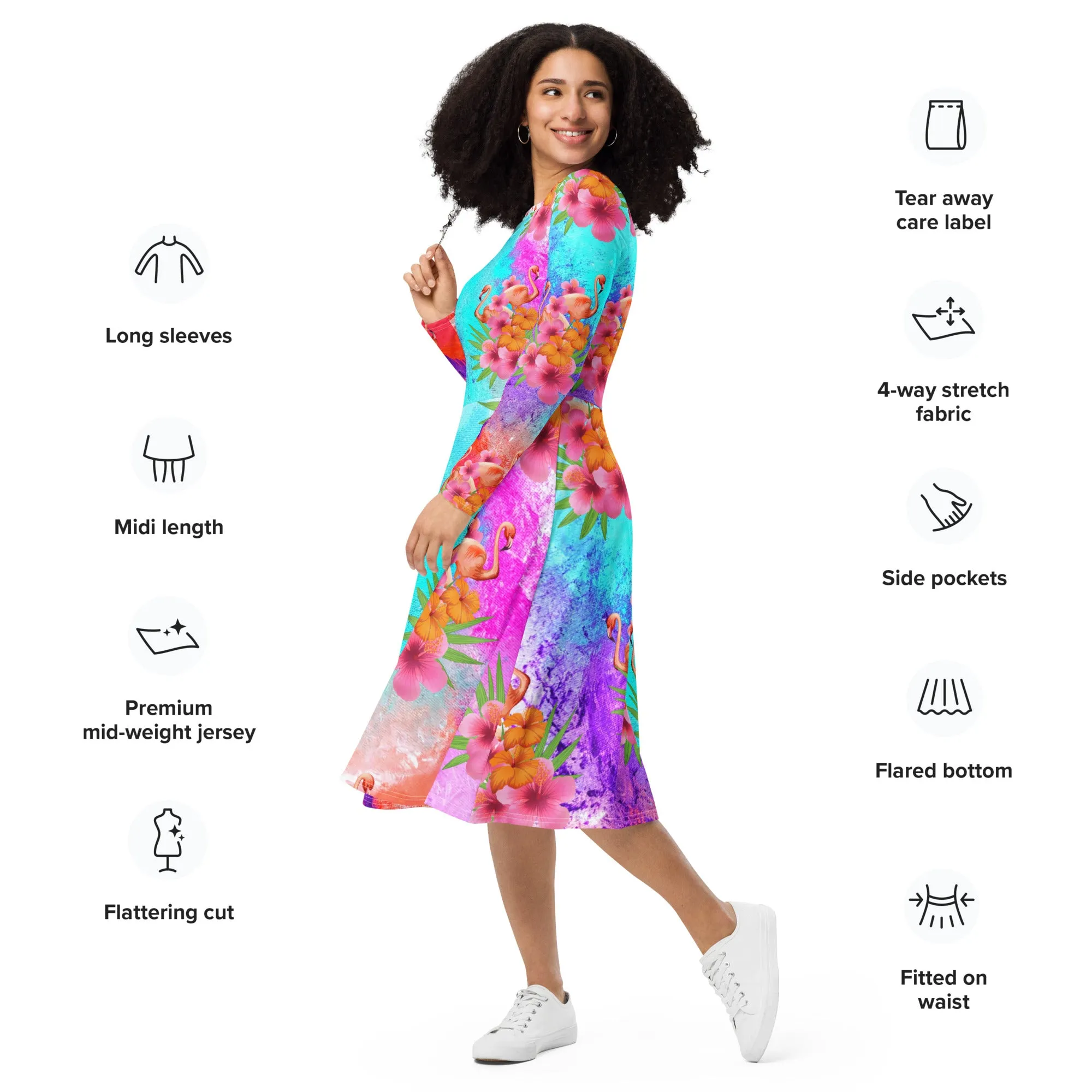 Watercolor Tropical Flamingos Long Sleeve Midi Dress