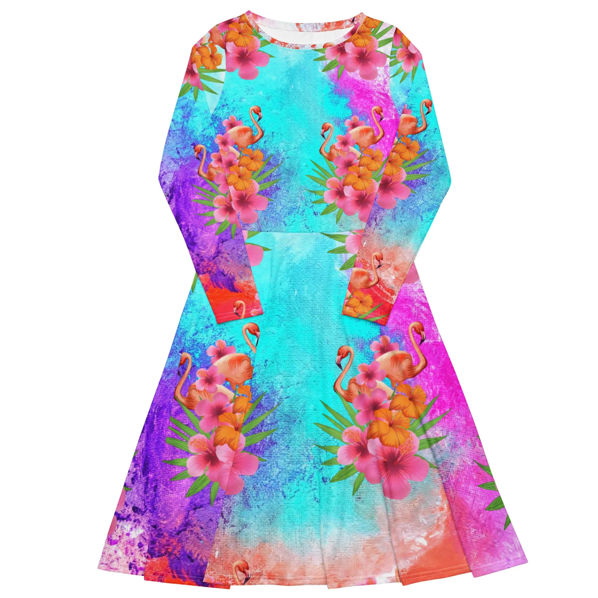 Watercolor Tropical Flamingos Long Sleeve Midi Dress