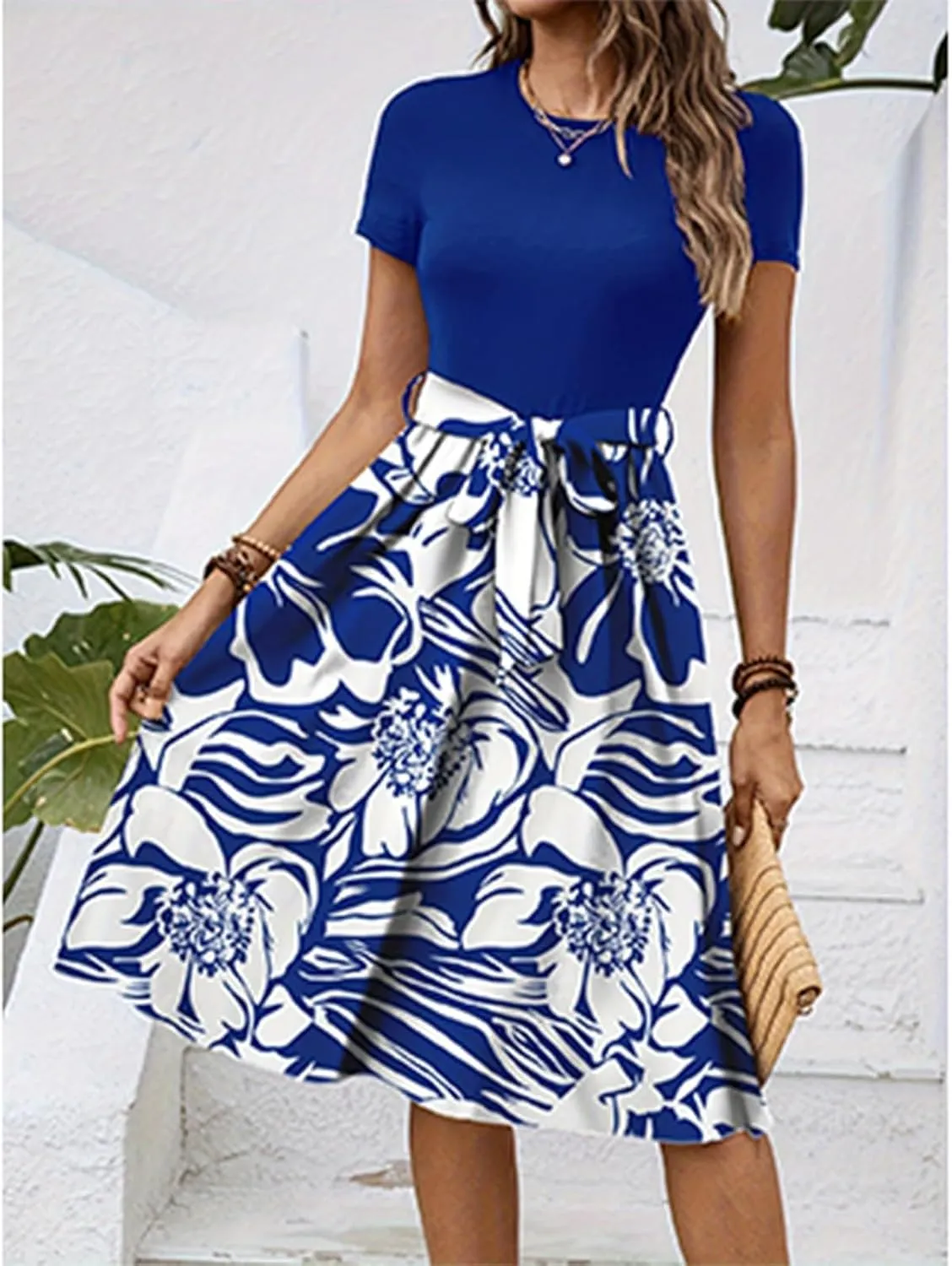 Wedding Guest Dresses for Women Short Sleeve Floral Sundress Elegant Boho Tie Belted Empire Waist Ruffle Hem Flowy Dress