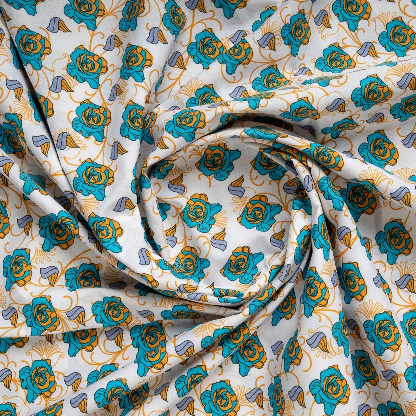 White & Blue Floral Print Cotton Fabric