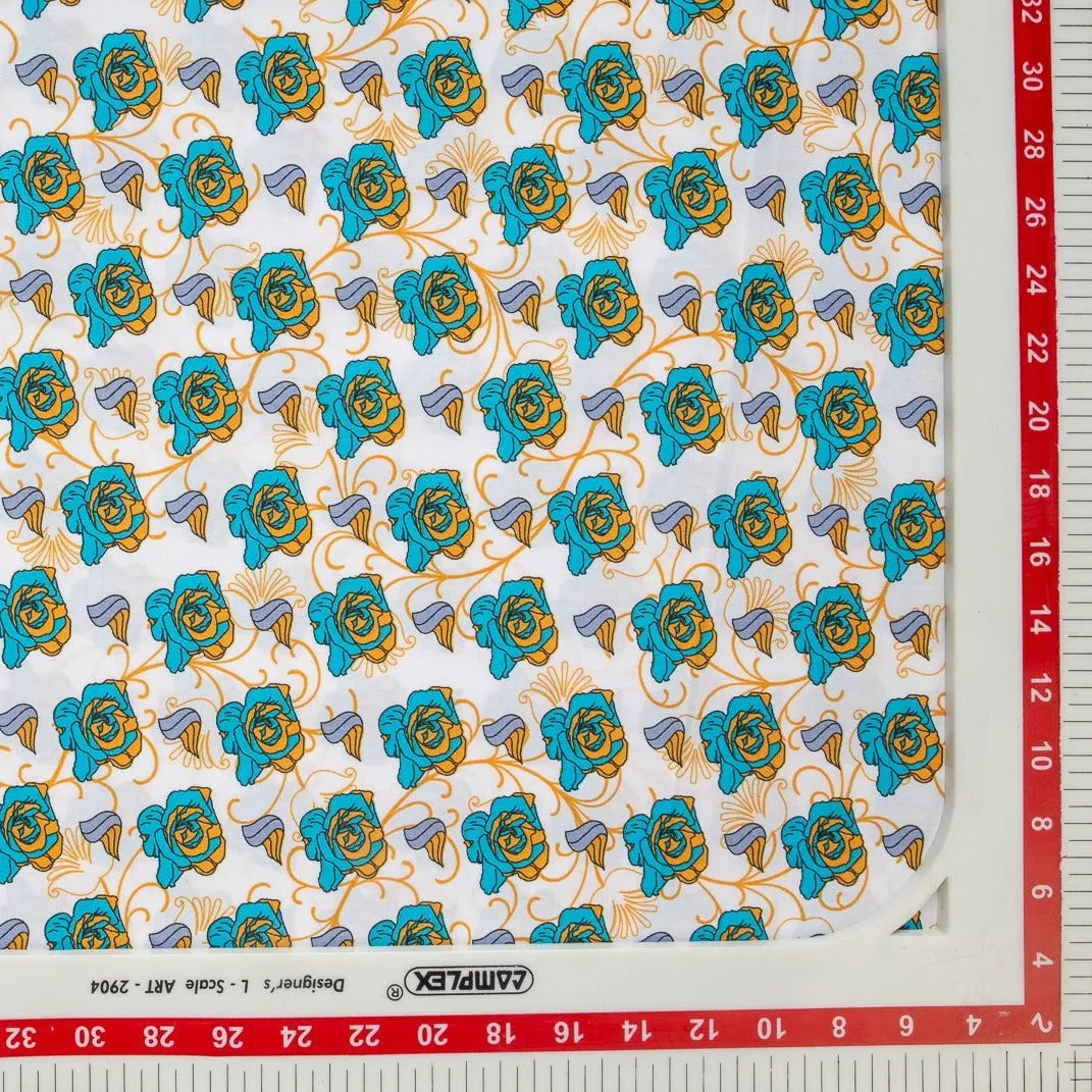 White & Blue Floral Print Cotton Fabric