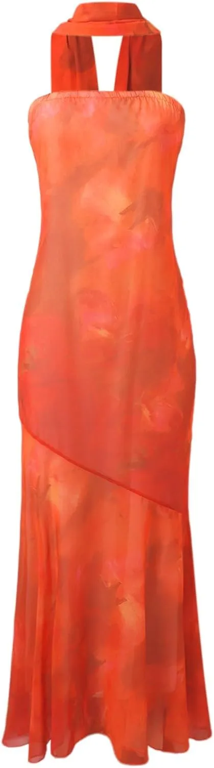 Women 2025 Summer Strapless Bodycon Midi Dress with Scarf Off Shoulder Strapless Side Slit Tube Long Club Party Dresses