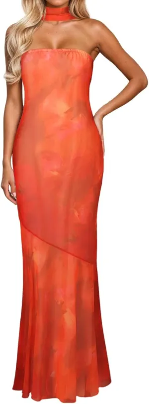 Women 2025 Summer Strapless Bodycon Midi Dress with Scarf Off Shoulder Strapless Side Slit Tube Long Club Party Dresses