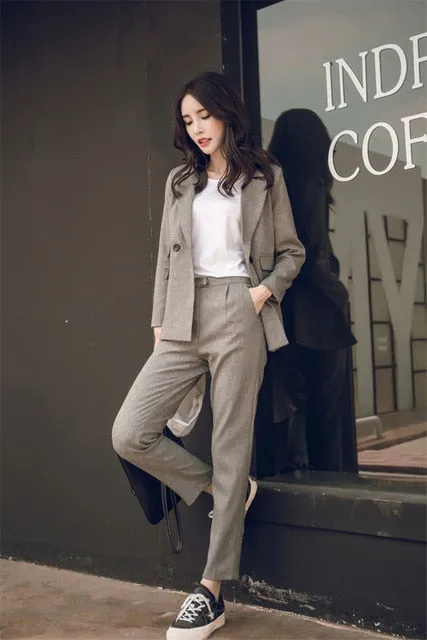 Women Casual Suit Gray Blazer & High Waist Pant Office Lady Notched Jacket Pant Suits 2 pieces set