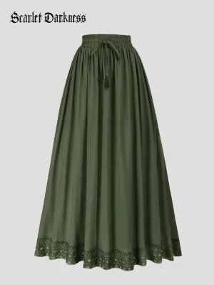 Women Drawstring Lace Hem Swing Maxi Skirt with Pocket