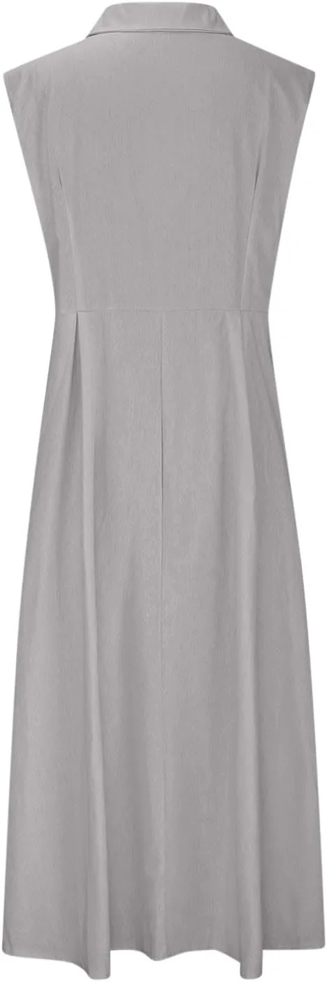 Women Summer Cotton Linen Sleeveless Button Down Maxi Shirt Dress Casual Lapel V Neck A-Line Pleated Long Beach Dresses