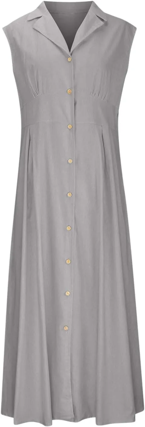 Women Summer Cotton Linen Sleeveless Button Down Maxi Shirt Dress Casual Lapel V Neck A-Line Pleated Long Beach Dresses