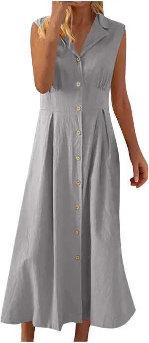 Women Summer Cotton Linen Sleeveless Button Down Maxi Shirt Dress Casual Lapel V Neck A-Line Pleated Long Beach Dresses