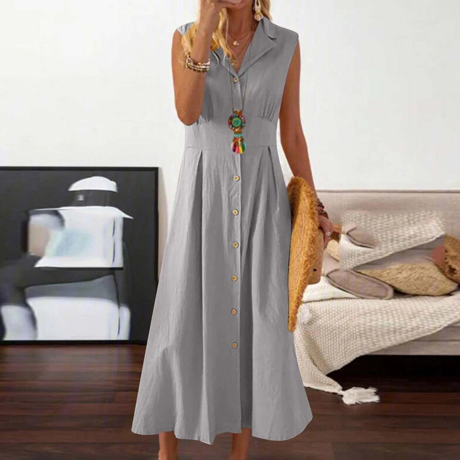 Women Summer Cotton Linen Sleeveless Button Down Maxi Shirt Dress Casual Lapel V Neck A-Line Pleated Long Beach Dresses