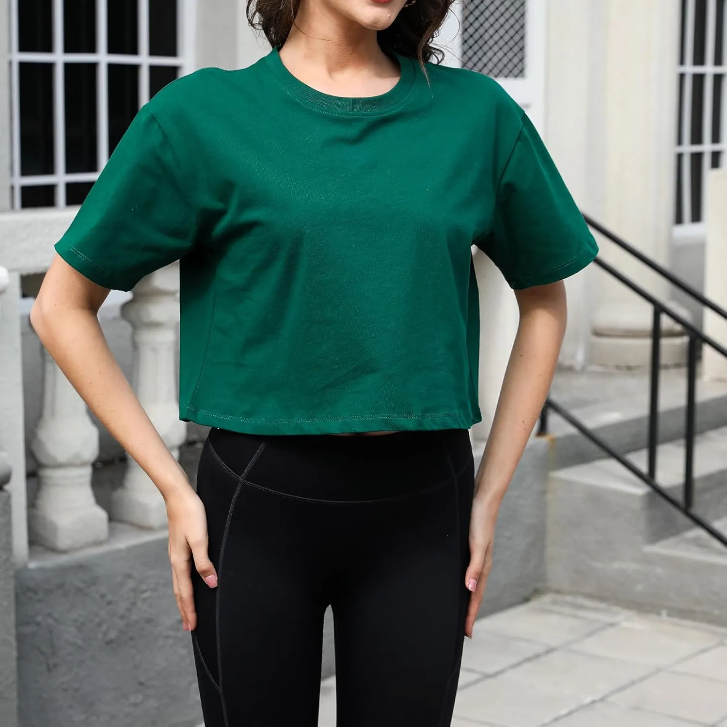 Women Workout Crop Top T-Shirt 100% Cotton Drop Shoulder Half Sleeve Oversized Yoga Running Cropped Loose Tee