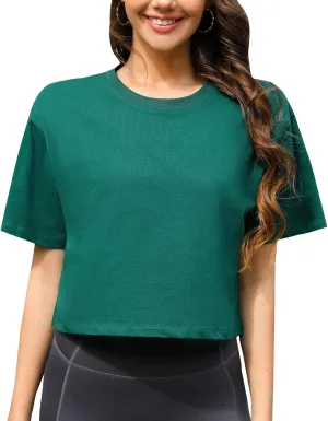 Women Workout Crop Top T-Shirt 100% Cotton Drop Shoulder Half Sleeve Oversized Yoga Running Cropped Loose Tee