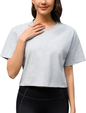 Women Workout Crop Top T-Shirt 100% Cotton Drop Shoulder Half Sleeve Oversized Yoga Running Cropped Loose Tee