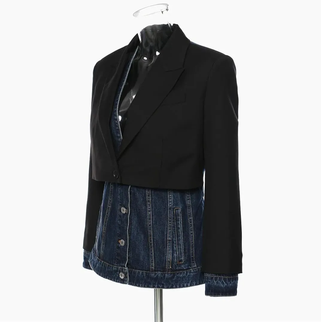 Women's Blazer Denim Patchwork Fake Two-Piece Jacket Color Matching Asymmetric Blazer