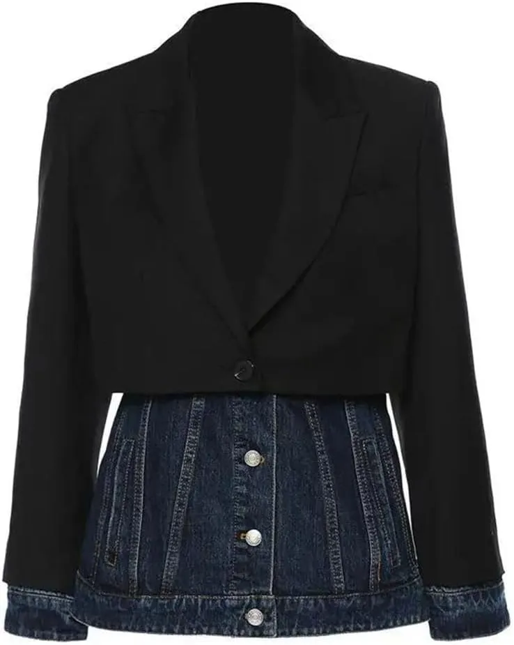 Women's Blazer Denim Patchwork Fake Two-Piece Jacket Color Matching Asymmetric Blazer