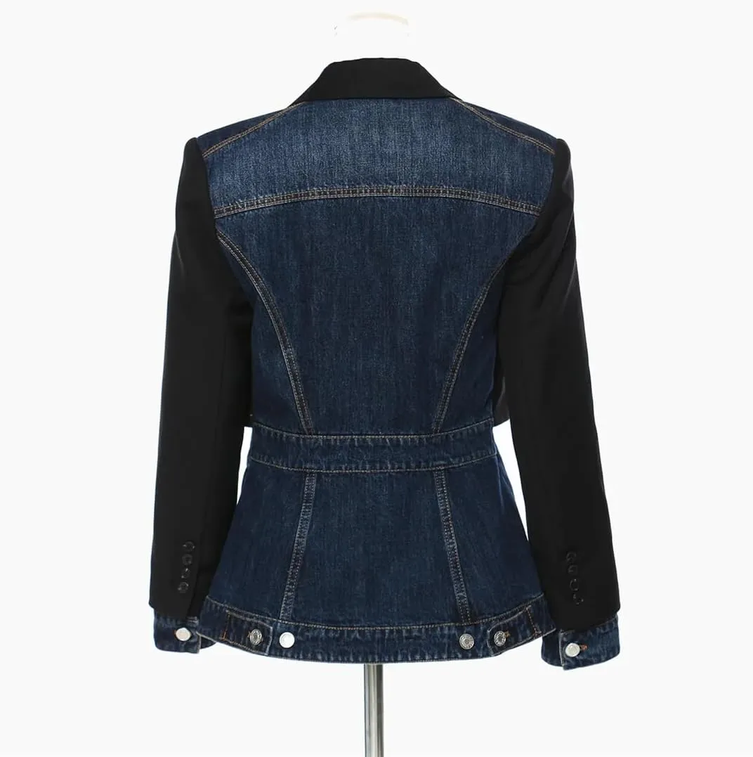 Women's Blazer Denim Patchwork Fake Two-Piece Jacket Color Matching Asymmetric Blazer
