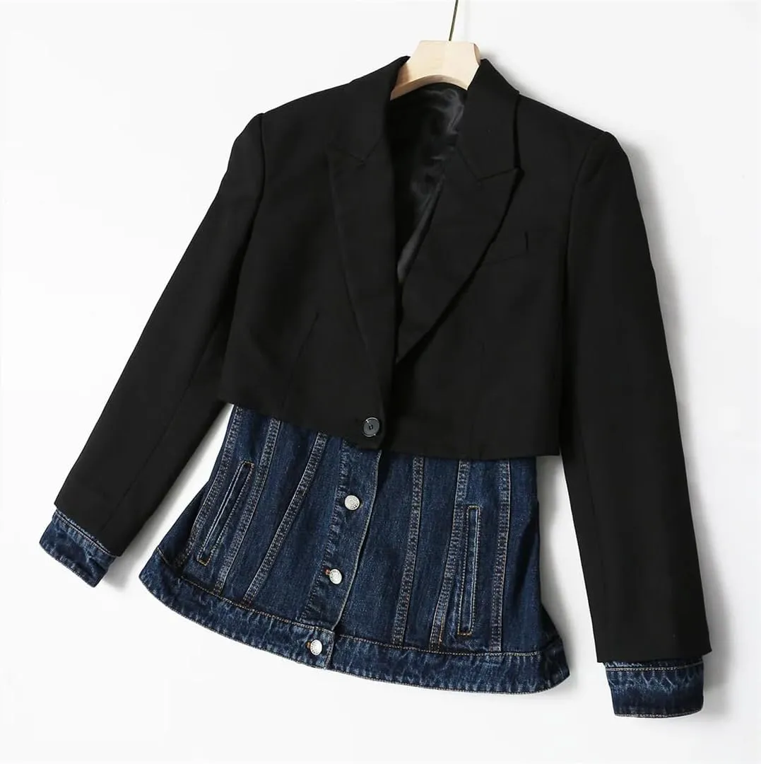 Women's Blazer Denim Patchwork Fake Two-Piece Jacket Color Matching Asymmetric Blazer