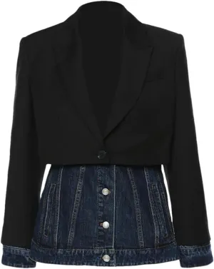 Women's Blazer Denim Patchwork Fake Two-Piece Jacket Color Matching Asymmetric Blazer