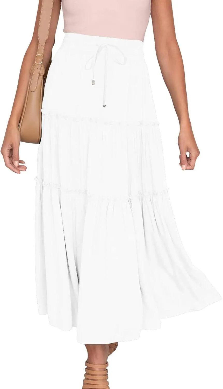 Women's Boho Long Skirts Summer Elastic High Waist A-Line Pleated Flowy Ruffle Hem Swing Beach Holiday Maxi Skirt