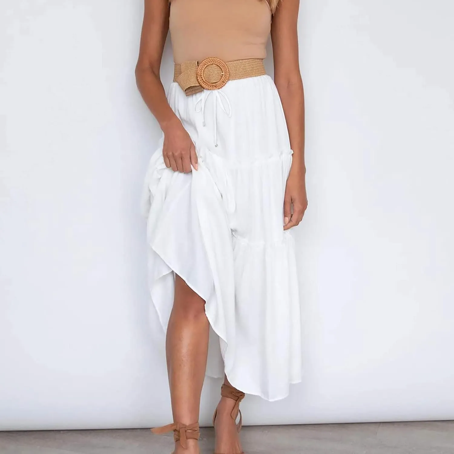 Women's Boho Long Skirts Summer Elastic High Waist A-Line Pleated Flowy Ruffle Hem Swing Beach Holiday Maxi Skirt