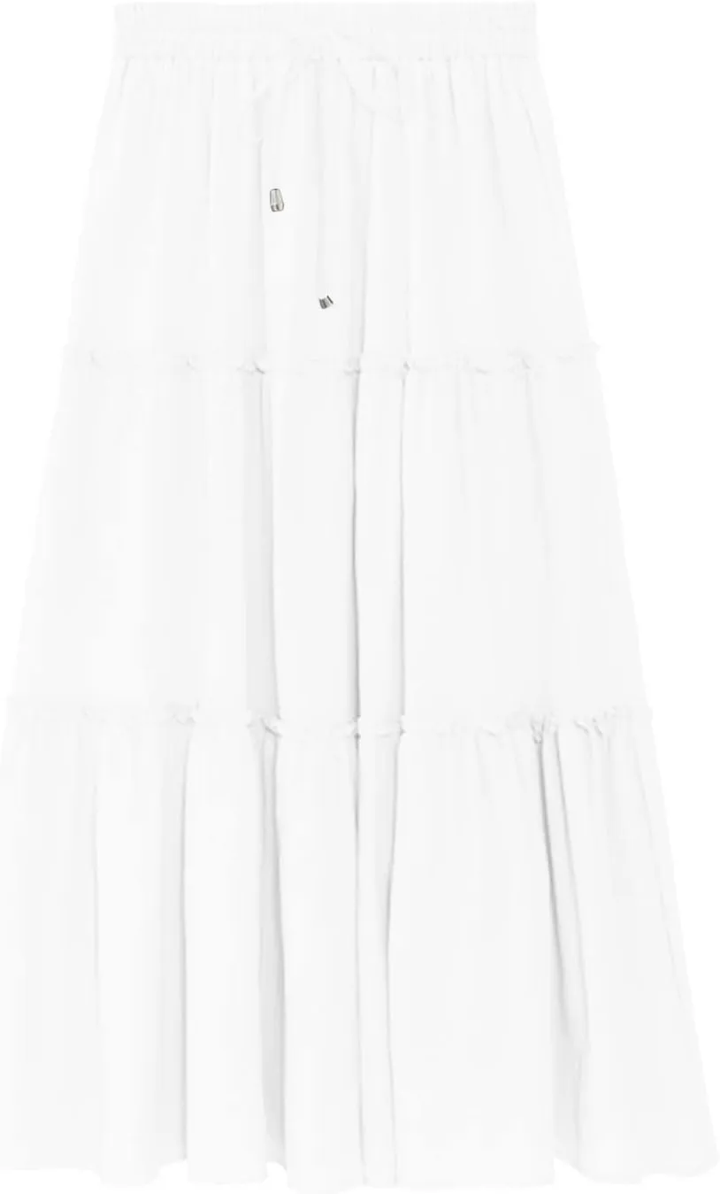 Women's Boho Long Skirts Summer Elastic High Waist A-Line Pleated Flowy Ruffle Hem Swing Beach Holiday Maxi Skirt
