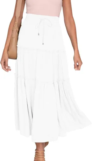 Women's Boho Long Skirts Summer Elastic High Waist A-Line Pleated Flowy Ruffle Hem Swing Beach Holiday Maxi Skirt