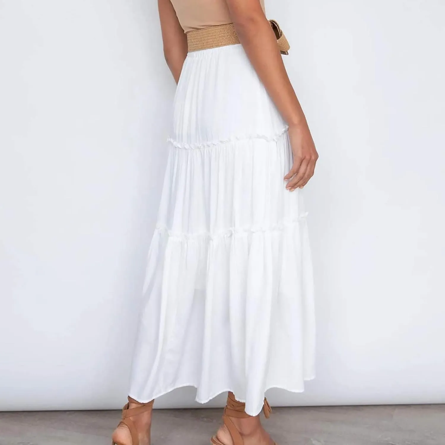 Women's Boho Long Skirts Summer Elastic High Waist A-Line Pleated Flowy Ruffle Hem Swing Beach Holiday Maxi Skirt