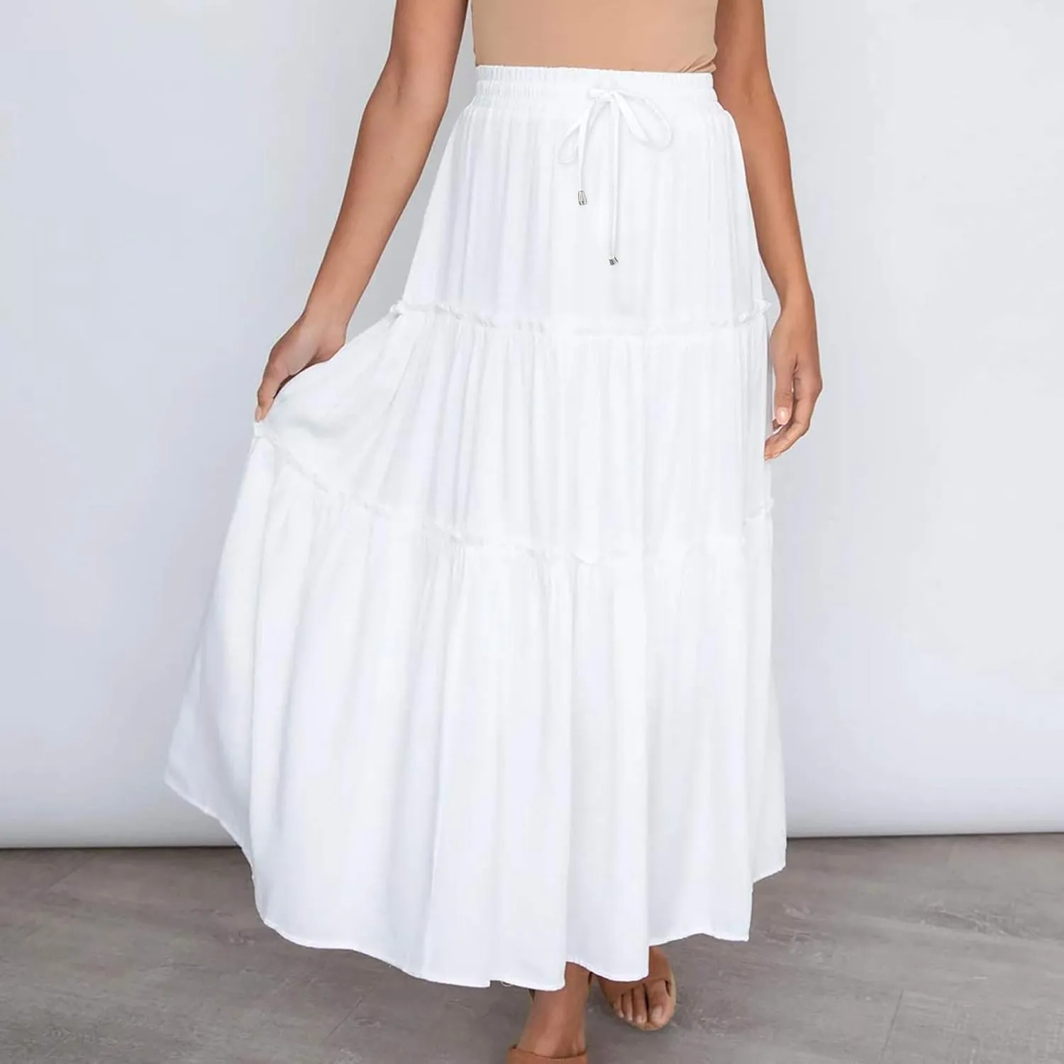 Women's Boho Long Skirts Summer Elastic High Waist A-Line Pleated Flowy Ruffle Hem Swing Beach Holiday Maxi Skirt