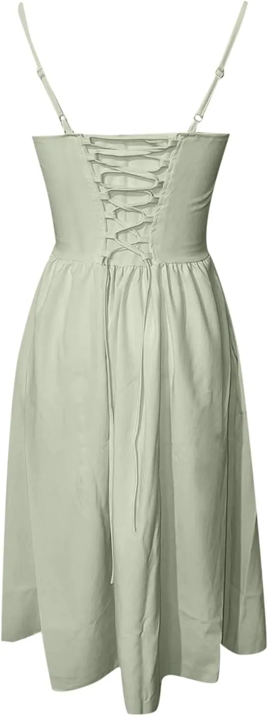 Womens Corset Dress Sexy Spaghetti Strap Bustier Midi Dress Low Cut Flowy Pleated Hem Elegant Formal Dresses with Pocket