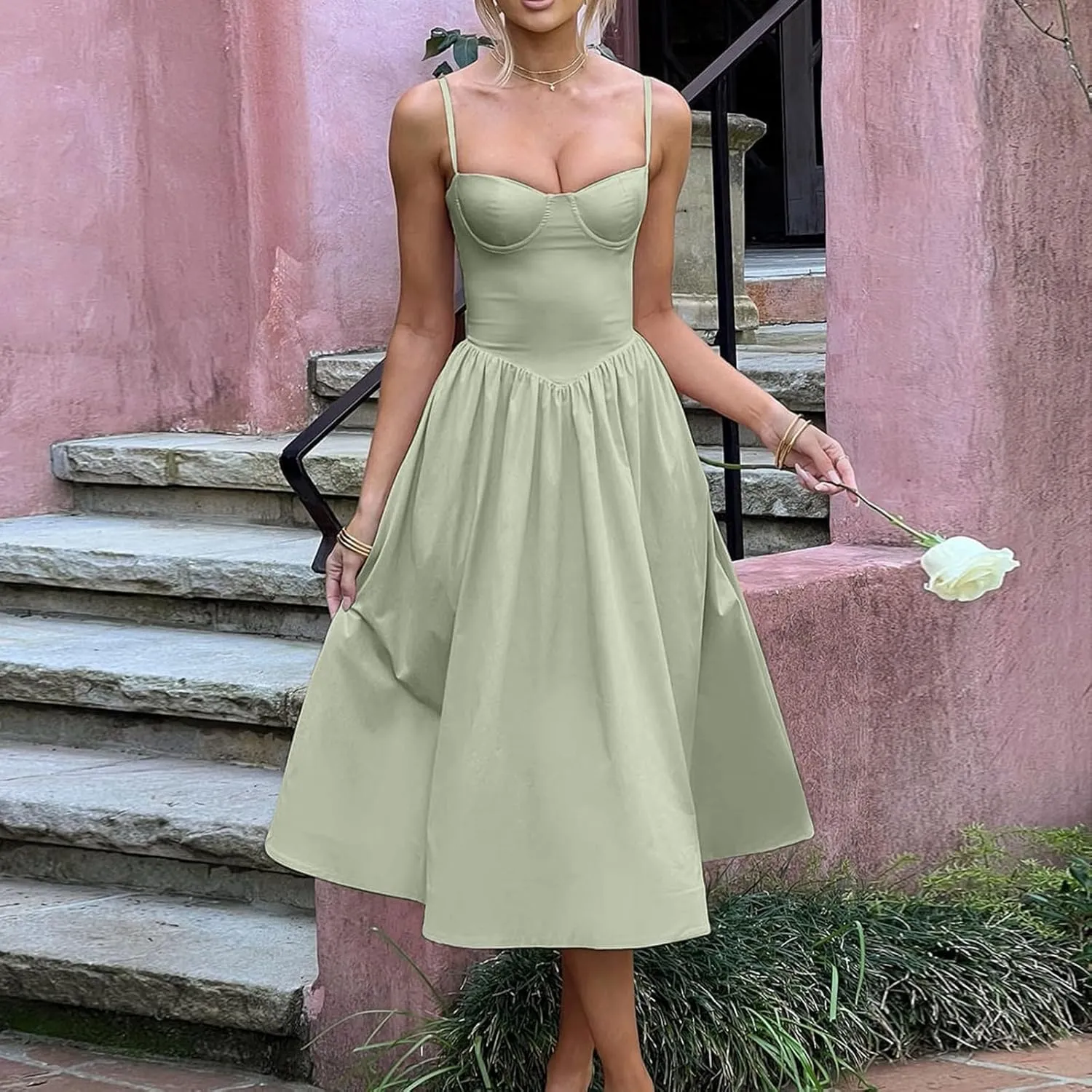 Womens Corset Dress Sexy Spaghetti Strap Bustier Midi Dress Low Cut Flowy Pleated Hem Elegant Formal Dresses with Pocket