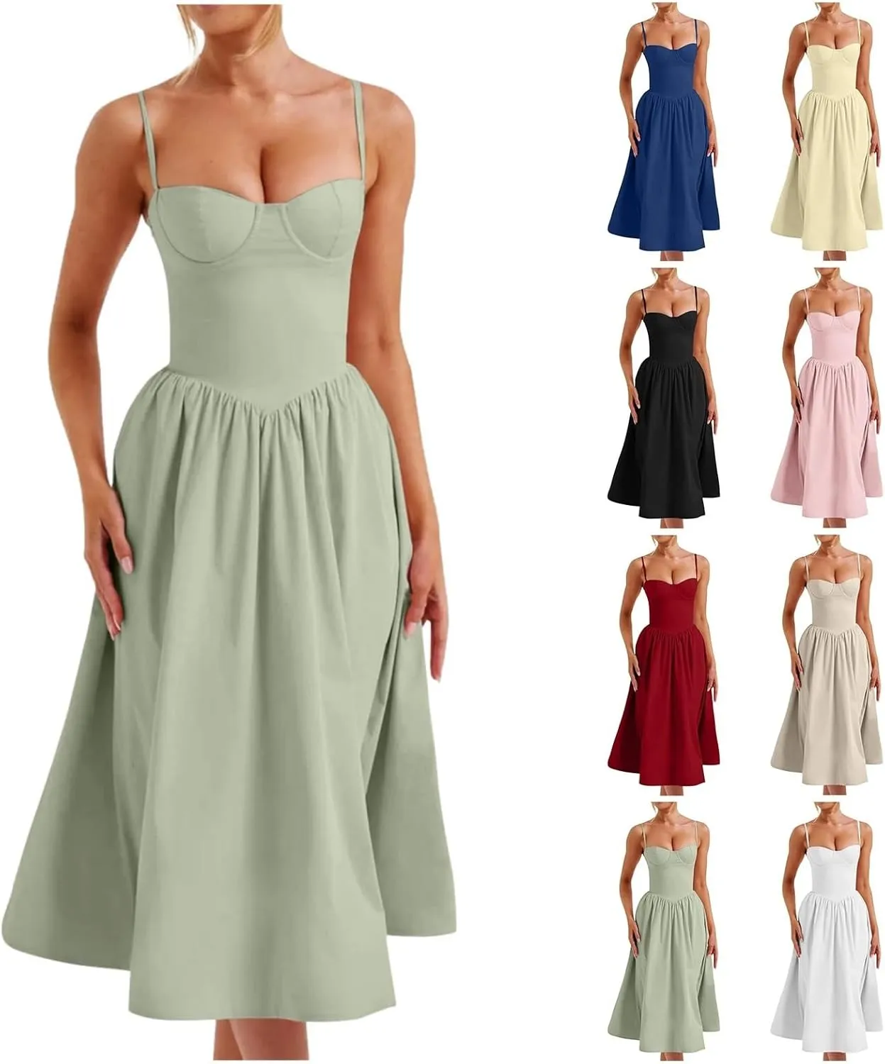 Womens Corset Dress Sexy Spaghetti Strap Bustier Midi Dress Low Cut Flowy Pleated Hem Elegant Formal Dresses with Pocket