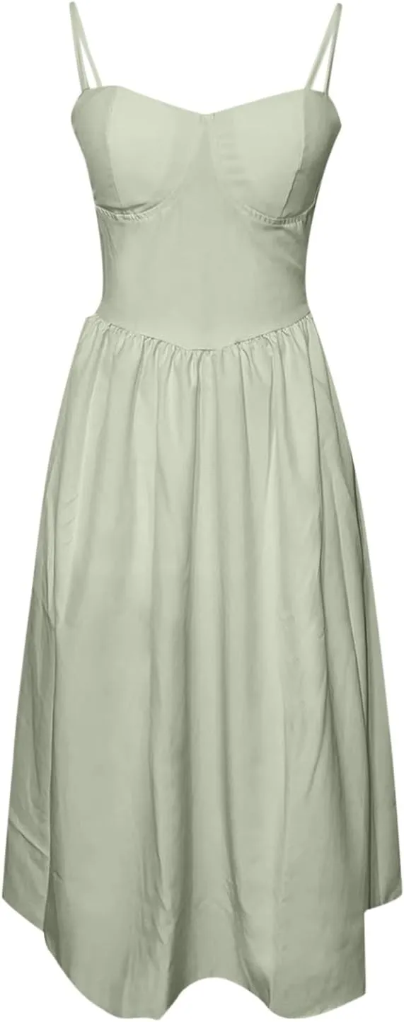 Womens Corset Dress Sexy Spaghetti Strap Bustier Midi Dress Low Cut Flowy Pleated Hem Elegant Formal Dresses with Pocket