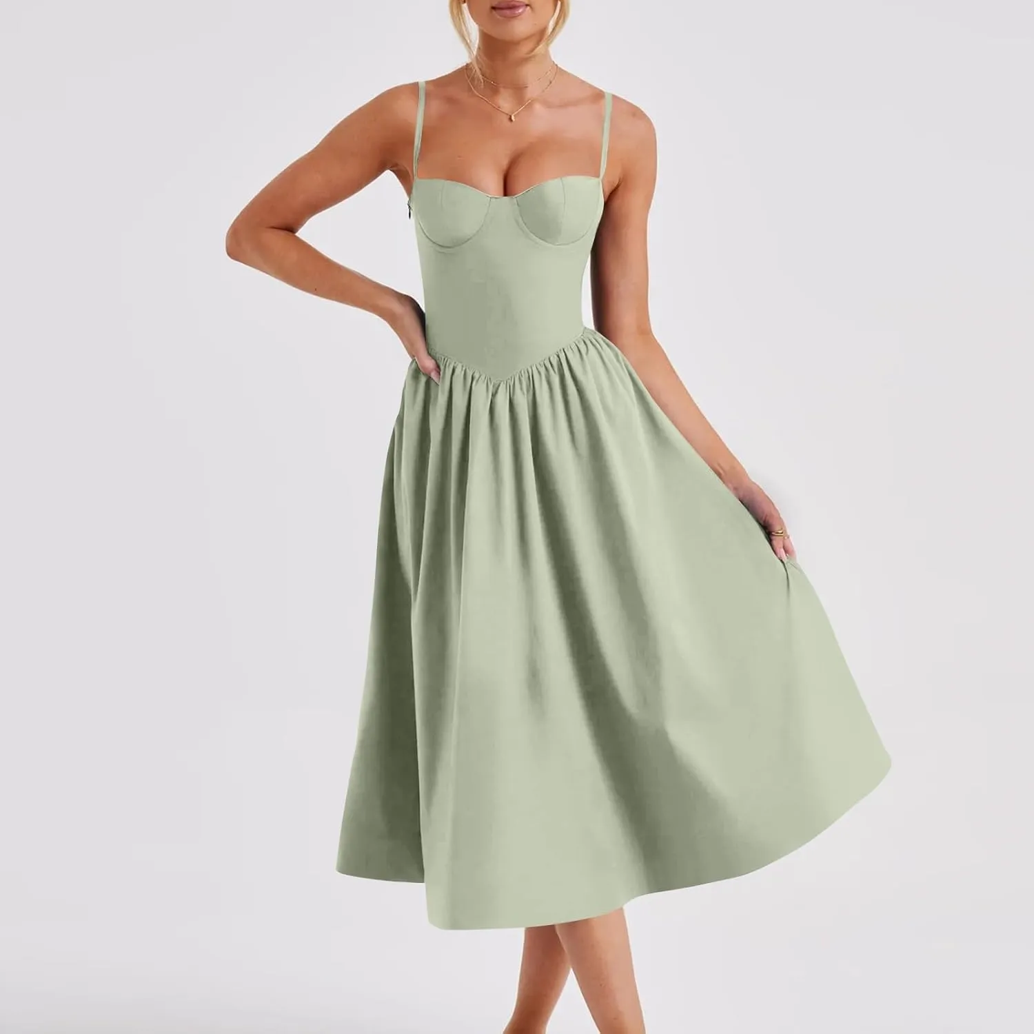 Womens Corset Dress Sexy Spaghetti Strap Bustier Midi Dress Low Cut Flowy Pleated Hem Elegant Formal Dresses with Pocket