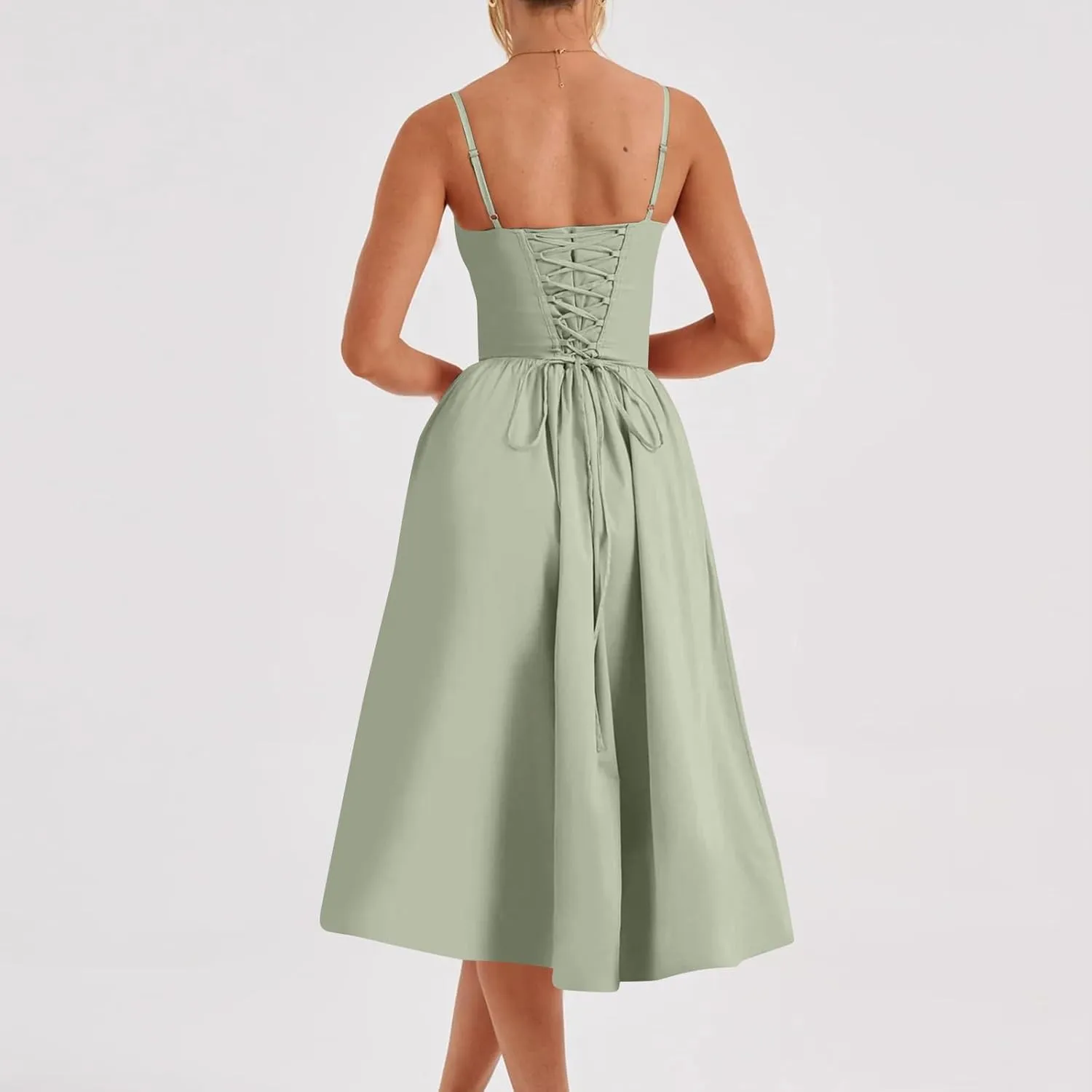 Womens Corset Dress Sexy Spaghetti Strap Bustier Midi Dress Low Cut Flowy Pleated Hem Elegant Formal Dresses with Pocket