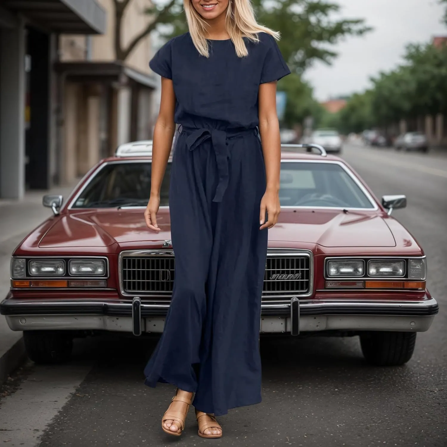 Womens Cotton Linen Shirt Dress Summer Casual Crewneck Short Sleeve Belted Maxi Blouse Dress with Pockets